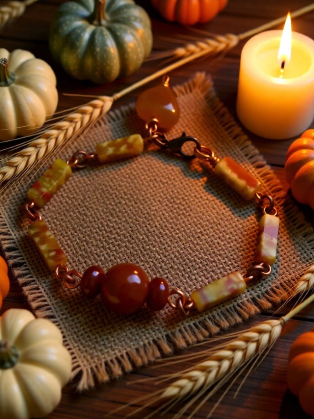 Handmade! OOAK Stone Beaded Bracelet - Cozy Fall Vibes - Cottagecore Boho Chic